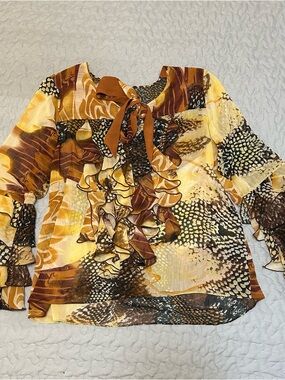 Bell Sleeve & Ruffle Detail Animal Print Women’s Blouse